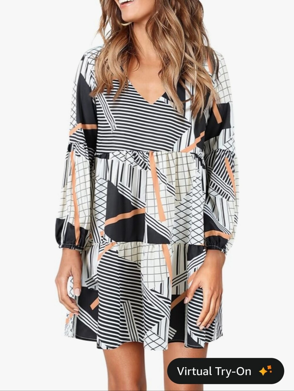 Amazon Women's Black, White & Peach Geometric Tiered V-Neck Dress